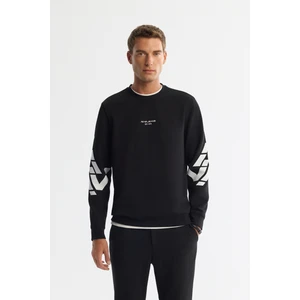 Erkek Siyah Bisiklet Yaka Pamuklu Baskılı Elastan Sweatshirt A42y1256