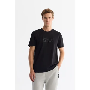 Erkek Siyah Bisiklet Yaka Baskılı Elastan T-shirt A42y1007