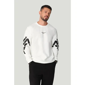 Erkek Ekru Bisiklet Yaka Pamuklu Baskılı Elastan Sweatshirt A42Y1256