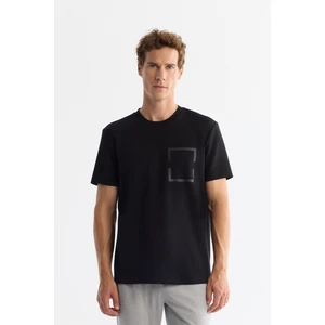 Erkek Siyah Bisiklet Yaka Baskılı Elastan T-shirt A42y1020