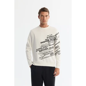 Erkek Ekru Bisiklet Yaka Pamuklu Baskılı Sweatshirt A42y1285
