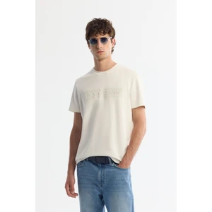 Erkek Ekru Bisiklet Yaka Baskılı Elastan T-shirt A42y1011