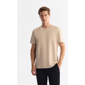 Erkek Bej Bisiklet Yaka Baskılı Elastan T-shirt A42y1017