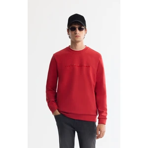 Erkek Kırmızı Bisiklet Yaka Pamuklu Baskılı Elastan Sweatshirt A42Y1221