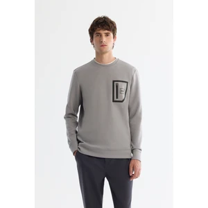 Erkek Gri Bisiklet Yaka Pamuklu Baskılı Elastan Sweatshirt A42y1240
