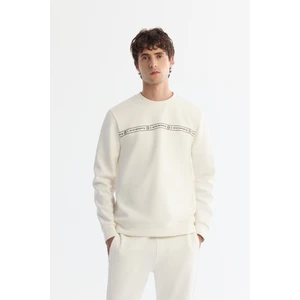Erkek Ekru Bisiklet Yaka Pamuklu Baskılı Elastan Sweatshirt A42y1308