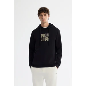Erkek Siyah Kapüşonlu Pamuklu Baskılı Elastan Sweatshirt A42y1324