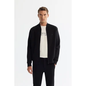 Erkek Siyah Dik Yaka Fermuarlı Pamuklu Baskılı Sweatshirt A42y1315