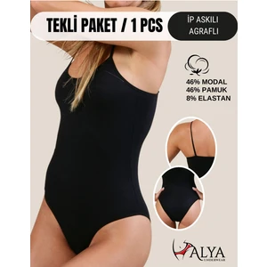 Alya Underwear Kadın Ip Askılı Çıtçıtlı Body, Yumuşak Modal - Pamuk Karışımlı, Kancalı Bodysuit, 1 Ad. Siyah, Xl