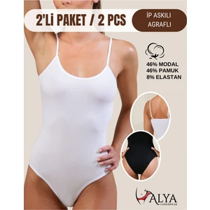 Alya Underwear Kadın Ip Askılı Çıtçıtlı Body, Modal, Kancalı Yumuşak Dokulu 2'li Paket Beyaz + Siyah, Xl
