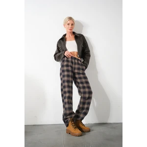 Ekoseli Flanel Yüksek Bel Pijama Altı Rahat Kesim Geniş Paça Pamuklu Kadın Pantolon
