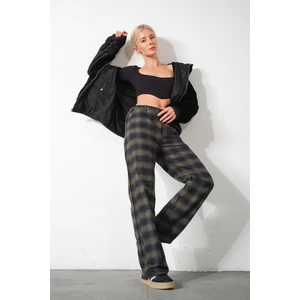 Ekoseli Flanel Yüksek Bel Pijama Altı Rahat Kesim Geniş Paça Pamuklu Kadın Pantolon
