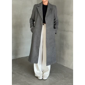 Koyu Gri Kuşaklı Astarlı Kaşe Kaban -7059
