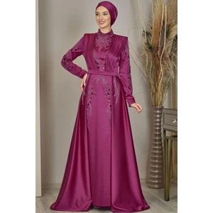 Önü Drapeli Kuyruklu Boncuk Işlemeli Miranda Tesettür Abiye Fuşya