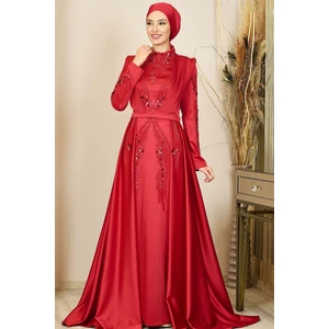 Önü Drapeli Kuyruklu Boncuk Işlemeli Miranda Tesettür Abiye Kırmızı