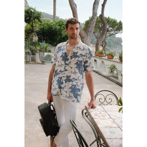 Avva Erkek Mavi Apaj Yaka Viskon Keten Karışımlı Kısa Kollu Regular Fit Gömlek A41Y2145