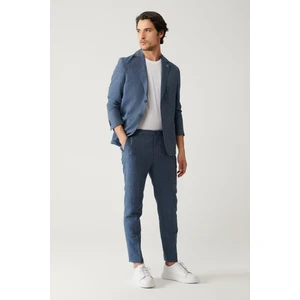 Erkek Mavi Beli Lastikli Keten Karışımlı linen Touch Takım Elbise Pantolonu A41y3260