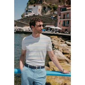 Erkek Ekru Bisiklet Yaka Rayon Çizgili Triko T-shirt A41y5031