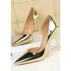 Trendy Anka Kadın Altın Gold Nude Rugan Yandan Yırtmaçlı 8cm Ince Şeffaf Kapak Topuklu Stiletto Abiye Ayakkabı