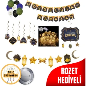 Hoşgeldin Ramazan Uzar Yazılı LED Işıklı Balonlu Tam Set Oruç Tutuyorum Rozet Hediyeli