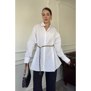 Düğme Detay Oversize Marka Poplin Gömlek- Beyaz