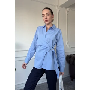 Kruvaze Gold Düğme Detaylı Bluz- Mavi