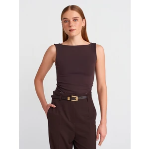 31589 Büzgülü Kayık Yaka Top-Koyu Kahve