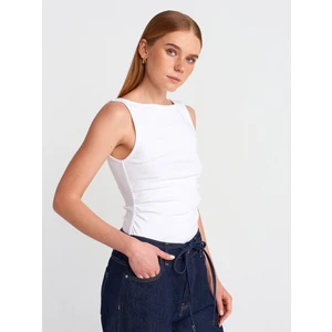 31589 Büzgülü Kayık Yaka Top-Beyaz