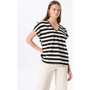 Fabrika Comfort V Yaka Çizgili Siyah - Ekru Kadın T-Shirt FC5SL-TST0214