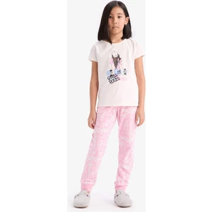 Kız Çocuk Pijama Takımı Bisiklet Yaka Baskılı Kısa Kollu Üst Uzun Alt E0540A825SM