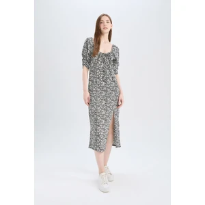 Bodycon Vücudu Saran Kare Yaka Çiçek Desenli Bürümcük Yarım Kol Midi Elbise Z5262AZ25SP