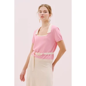 Kare Yaka Beli Kemerli Triko Bluz Pembe- Ekru Y2571003_386