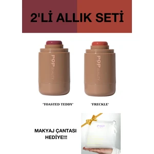Pop Beauty Yanak ve Dudak Renklendirici Stick Allık Seti (2 Renk Allık ve Makyaj Çantası)
