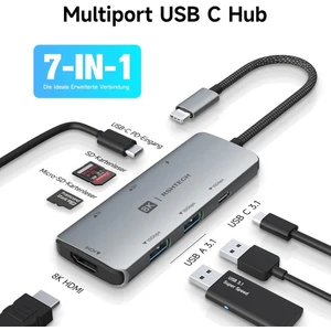 Macbook Ipad Uyumlu Alüminyum 7 In 1 Hub 8k Hdmı 10 Gbps 100 W Pd ve Sd/tf Kart USB C 3.2 Gen2