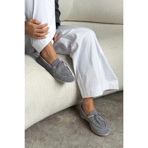 Nişantaşı Shoes Martha Taş Gri Süet Düz Taban Bağcıklı Kadın Babet