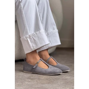 Nişantaşı Shoes Palmer Taş Gri İçi Dİşı Süet Toka Detaylı Düz Taban Kadın Babet