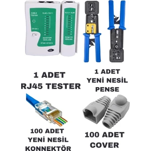 Yeni Nesil Ez RJ45 Sıkma Pensesi RJ11 RJ12 RJ45 Network Ağ Pense + Kablo Tester + 100 Adet Yeni Nesil Ez RJ45 Jack Konnektör + 100 Adet Cover Kılıf Set Paket