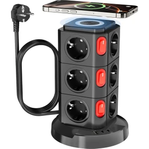 Akım Korumalı Priz Kablosuz Şarj Istasyonu 12X Priz / 1x USB / 2x Type-C Girişli 1.8mt Kablo