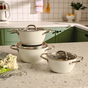 x Refika Birgül Swiss Crystal Metal Kulplu 6 Parça Midi Tencere Set Creamy