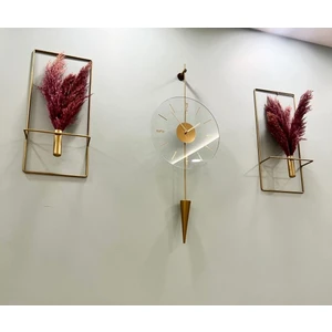 3 Lü Galileo Gold Set , Modern Dekoratif Metal Cam Duvar Saati