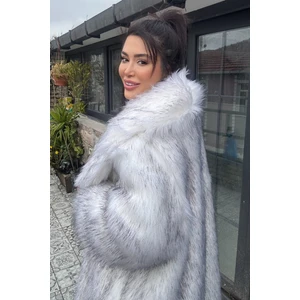 Premium Ingiliz Yaka Mob Wife Suni Kürk Maxi Kadın Kaban
