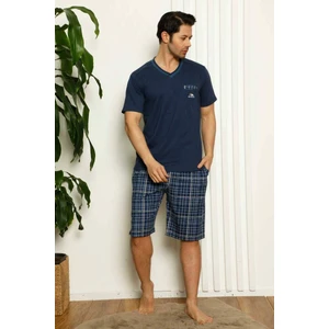 Erkek Ekose Desen V Yaka Düğmesiz Pamuk Kısa Kol Cepli Şortlu Pijama Takımı