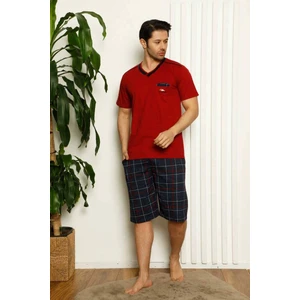 Erkek Ekose Desen V Yaka Düğmesiz %100 Pamuk Kısa Kol Cepli Şortlu Pijama Takımı