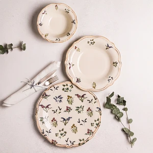 Wild - 18 Parça 6 Kişilik Porselen Yemek Takımı Kenarları Silik Vintage Tuval Model Porselen Tabak