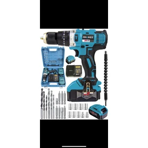 21 V 1.2 Ah 13 mm Metal Mandren Darbeli Çift Akülü Vidalama Matkap + 27 Parça Pro Set Mavi