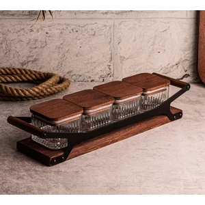 Grade Bella Kare 5 Parça Tepsili Ahşap Vakumlu Kapaklı Tepsili Cam Kahvaltılık Çerezlik 230 ml