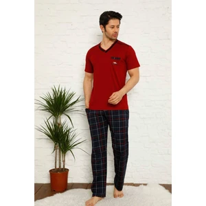 Erkek Ekose Desen V Yaka Düğmesiz Pamuk Kısa Kol Cepli Pijama Takımı
