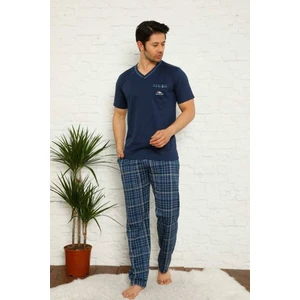 Erkek Ekose Desen V Yaka Düğmesiz Pamuk Kısa Kol Cepli Pijama Takımı