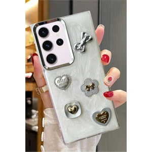 3gen Case Samsung Galaxy S23 Ultra Uyumlu 3D Taş Kurdele Kelebek Kalp Glitter Motifli Simli Sert Kapak