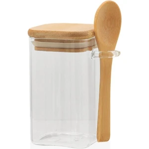 Kaşıklı Bambu Kapak Vakumlu Cam Kavanoz Borosilikat Cam 500 ml